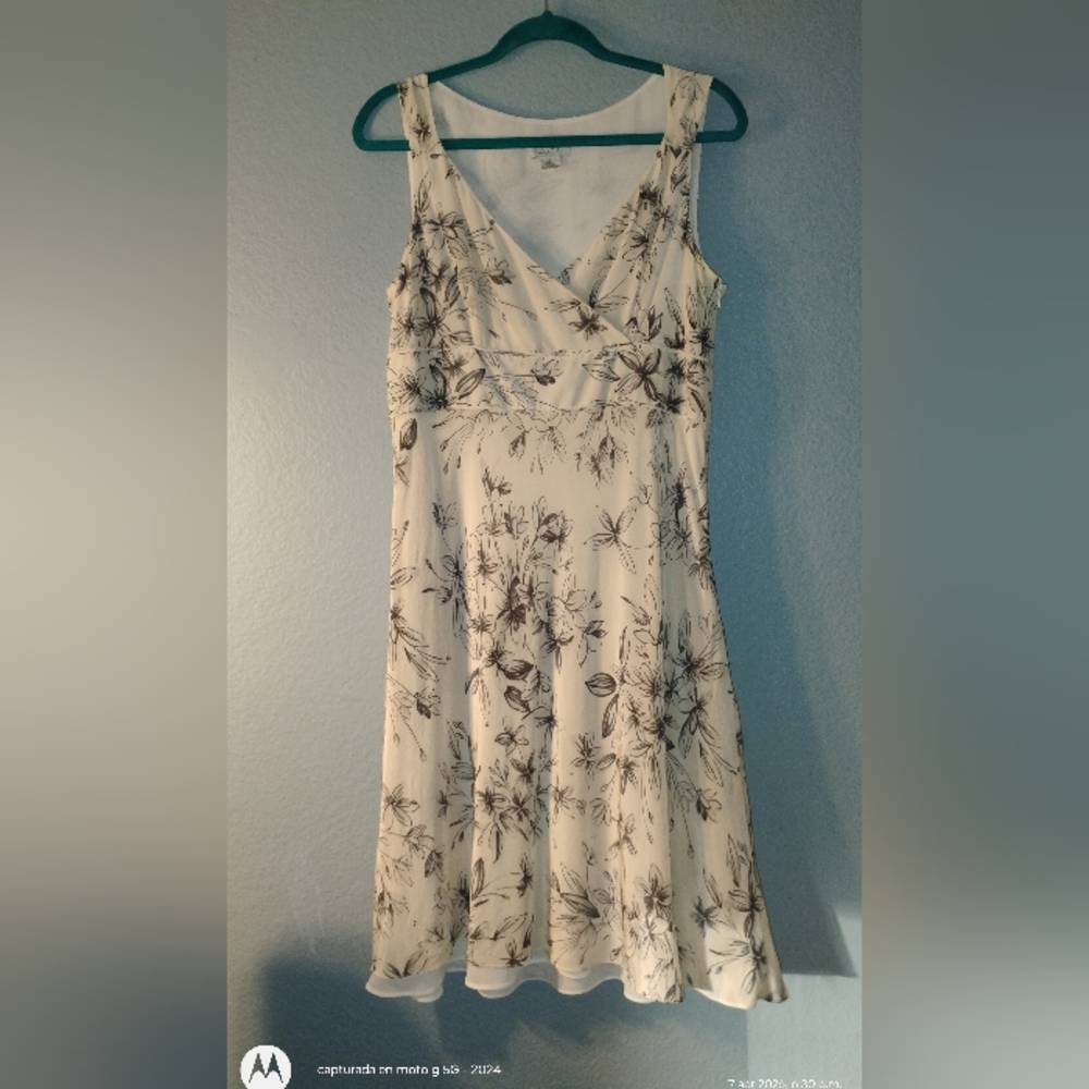 LOFT Cream Midi Dress with Brown Floral Sketch Print